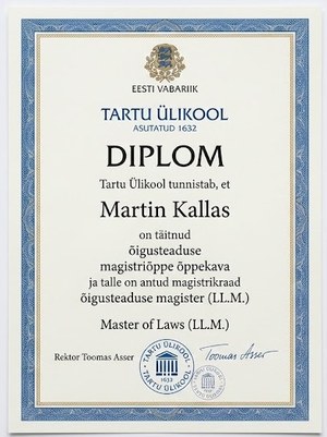 Martin Kallas University of Tartu Master of Laws diploma